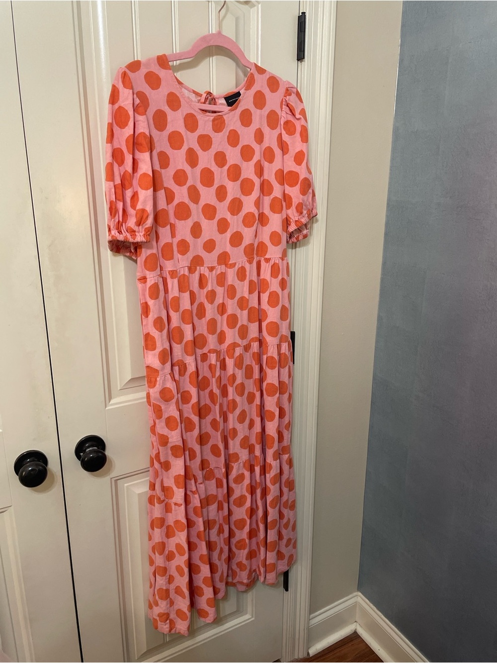 Polka Dot Puff-Sleeve Midi Dress - Pink/Orange